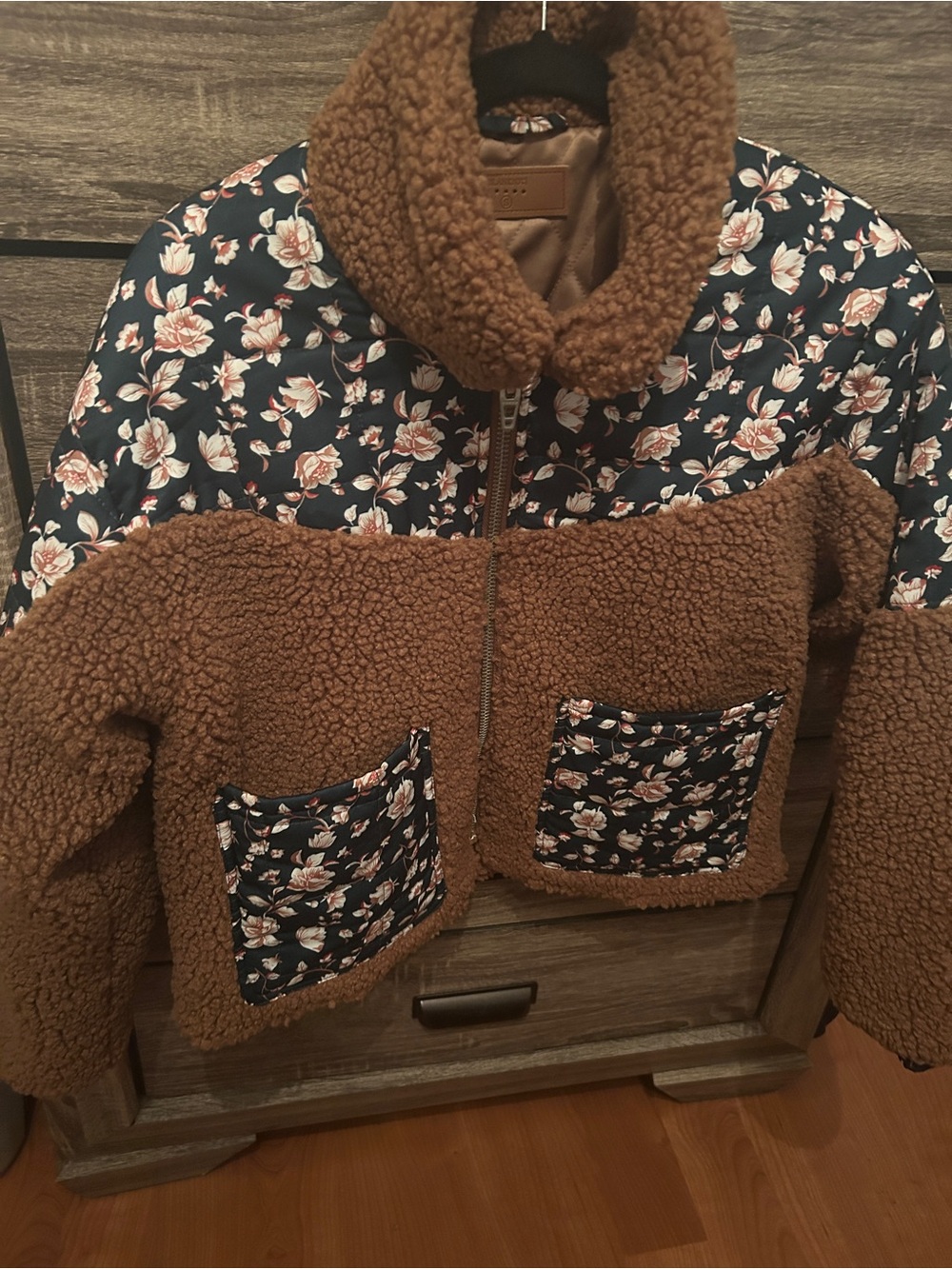 Blank NYC Brown Sherpa Puffer Jacket with Floral Trim